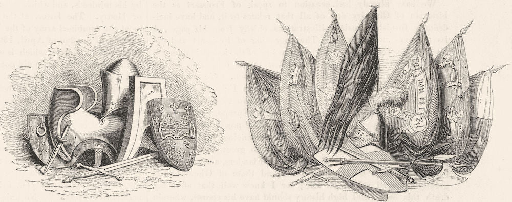 AGINCOURT. Henry V's Helmet, shield, Saddle; Banners 1845 old antique print